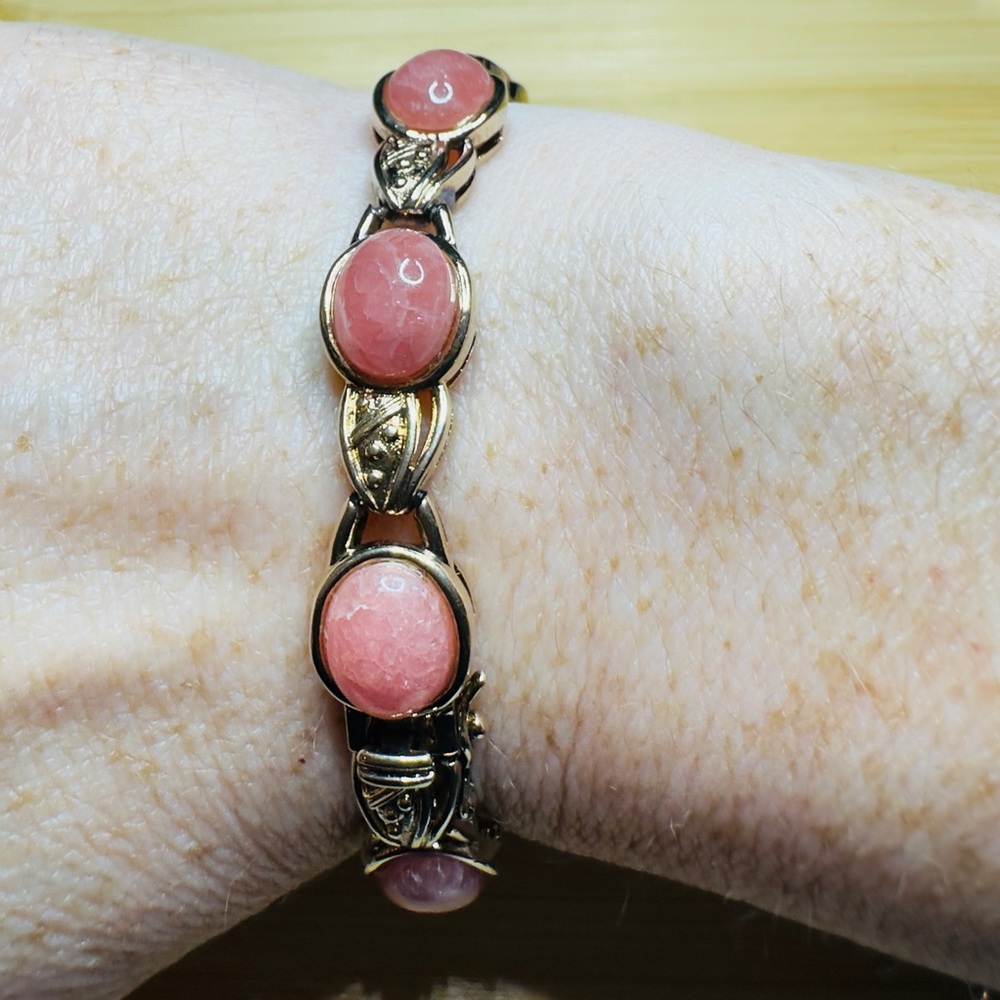 VINTAGE! Pink Rhodochrosite Cabochon Gold Fill/Sterling Silver Tennis Bracelet